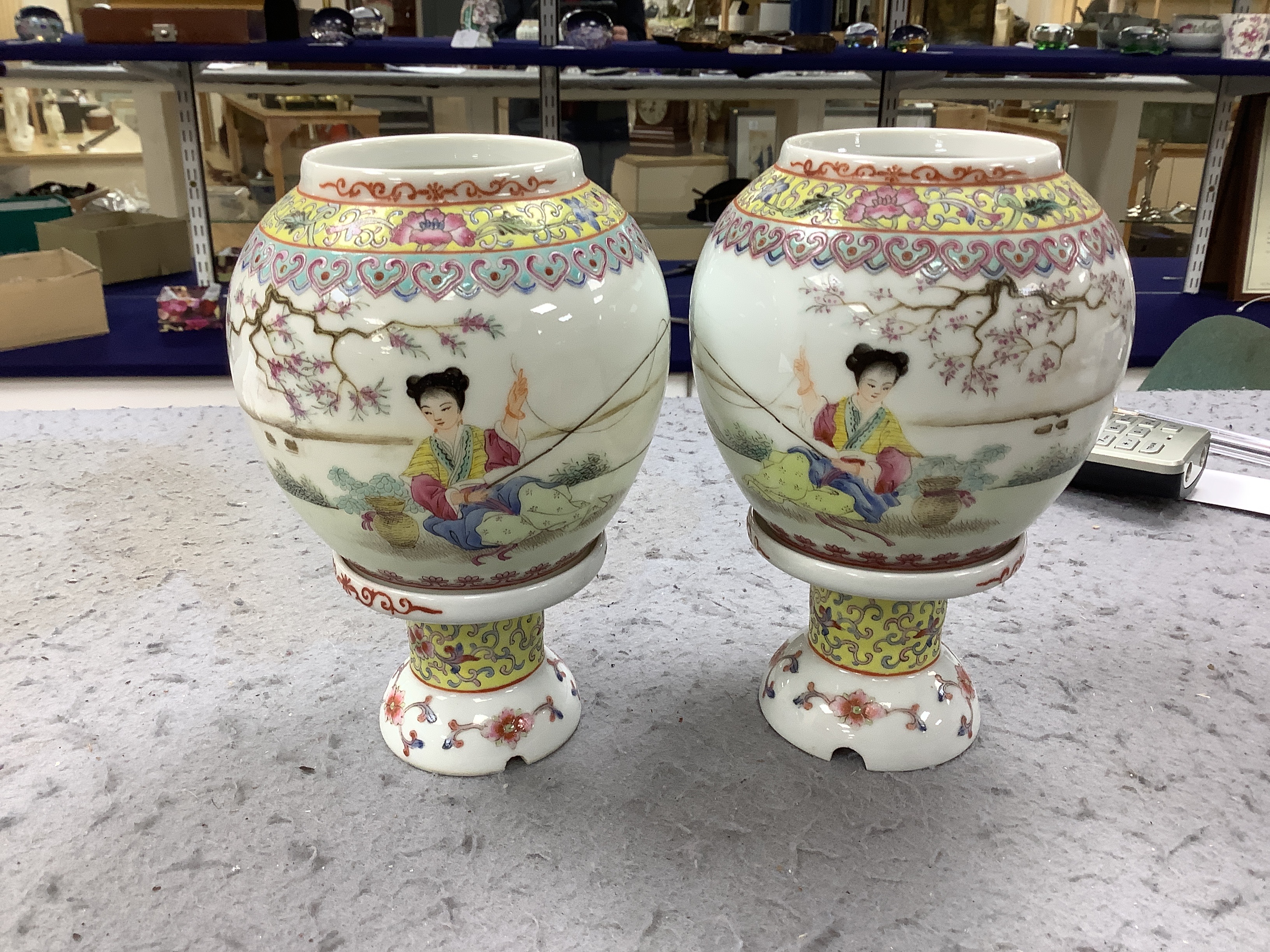 A pair of Chinese famille rose small lanterns on stands, mid 20th century, 16cm high